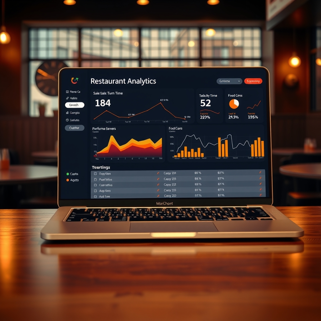 Restaurant owner analytics dashboard on a laptop with dark theme, gold and red accents, showing sales-by-hour charts, table-turn metrics, top-server rankings and food-cost trends.