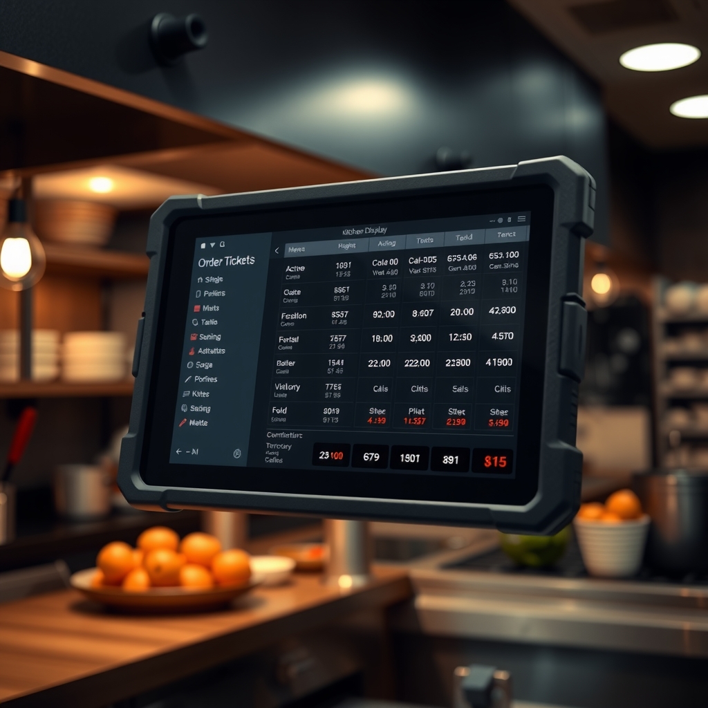 Rugged kitchen tablet mounted at the line showing an active KDS with order tickets in cold, hot, saut&eacute; and expo columns with prep timers.