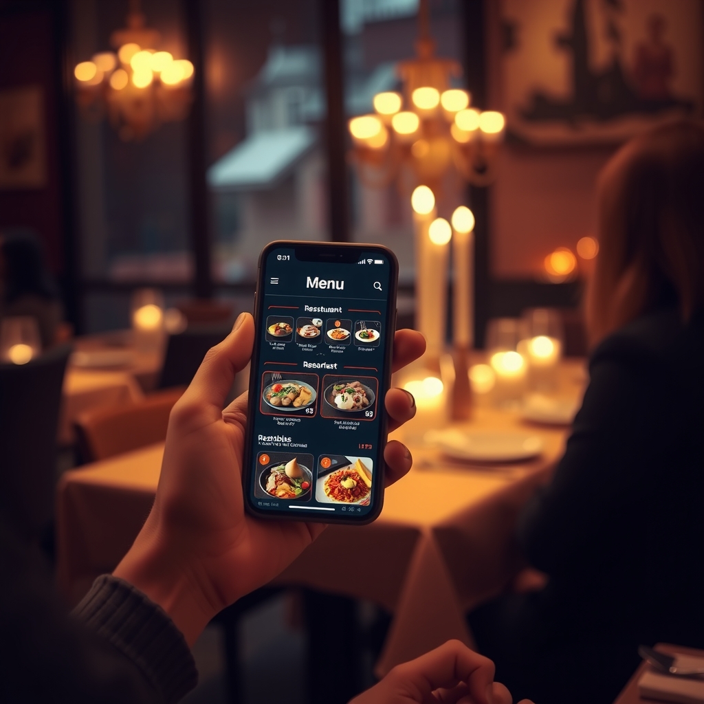 Guest holding an iPhone at a warm-lit restaurant table showing a digital multilingual menu with dish photos, allergen filters and prices.