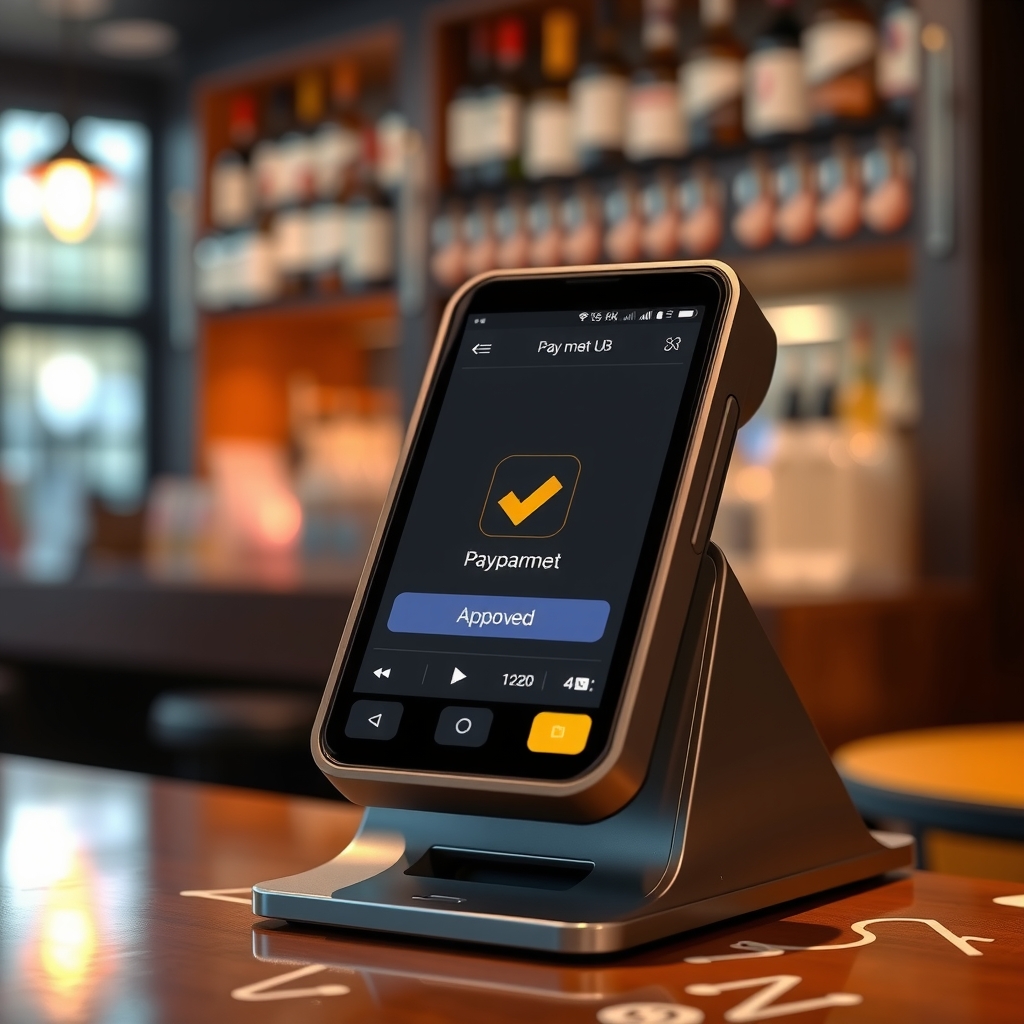 Modern payment terminal at a restaurant bar showing a payment-approved screen with a gold checkmark on dark UI, bottles blurred behind.
