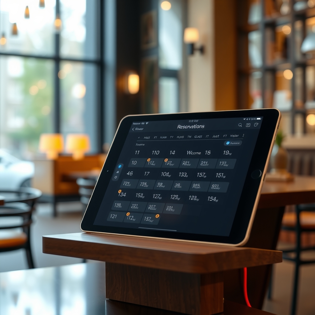 Host stand iPad showing an elegant reservations calendar with time slots and guest cards, warm restaurant lobby in soft focus.
