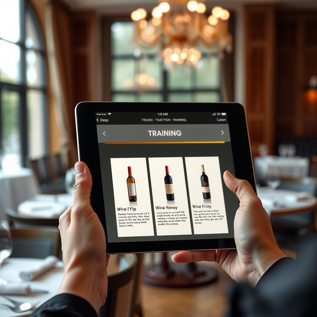Server holding an iPad displaying three-face flip cards for wine training with dark UI and gold accents.