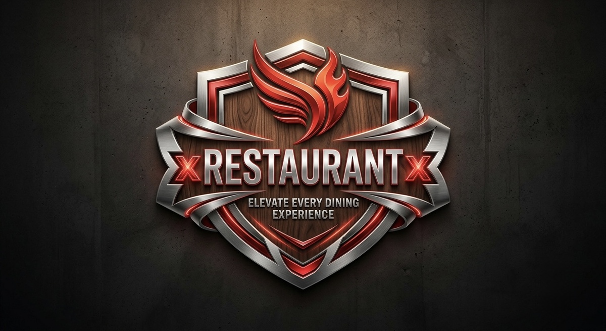xRESTAURANTx shield logo in silver, gold, and red flame with wood grain center. Tagline: Elevate Every Dining Experience.