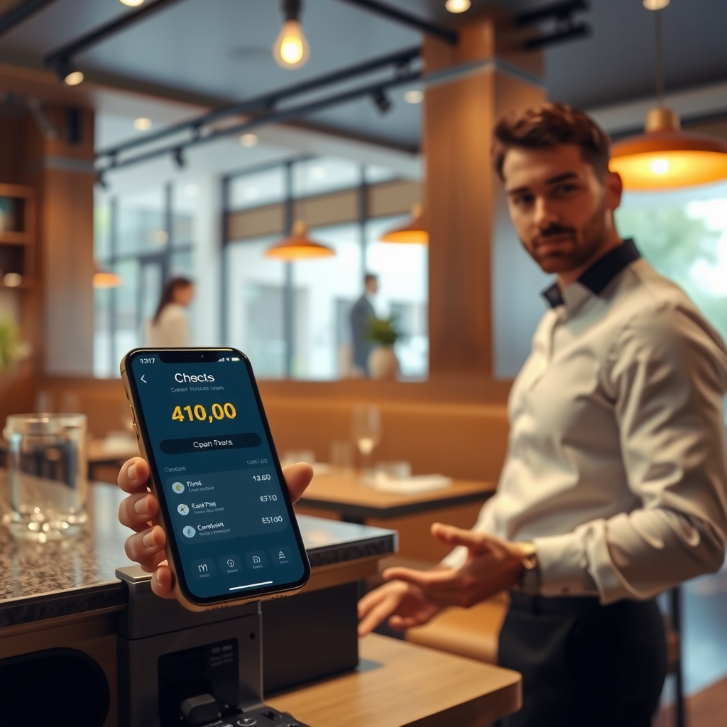 Modern minimalist restaurant checkout with mobile phone showing crypto payment interface next to a stylish check presenter, warm ambient light.