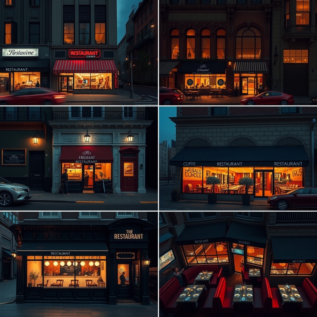 Aerial view of multiple restaurant storefronts at dusk with warm interior glow, several elegant dining rooms, cinematic scale.