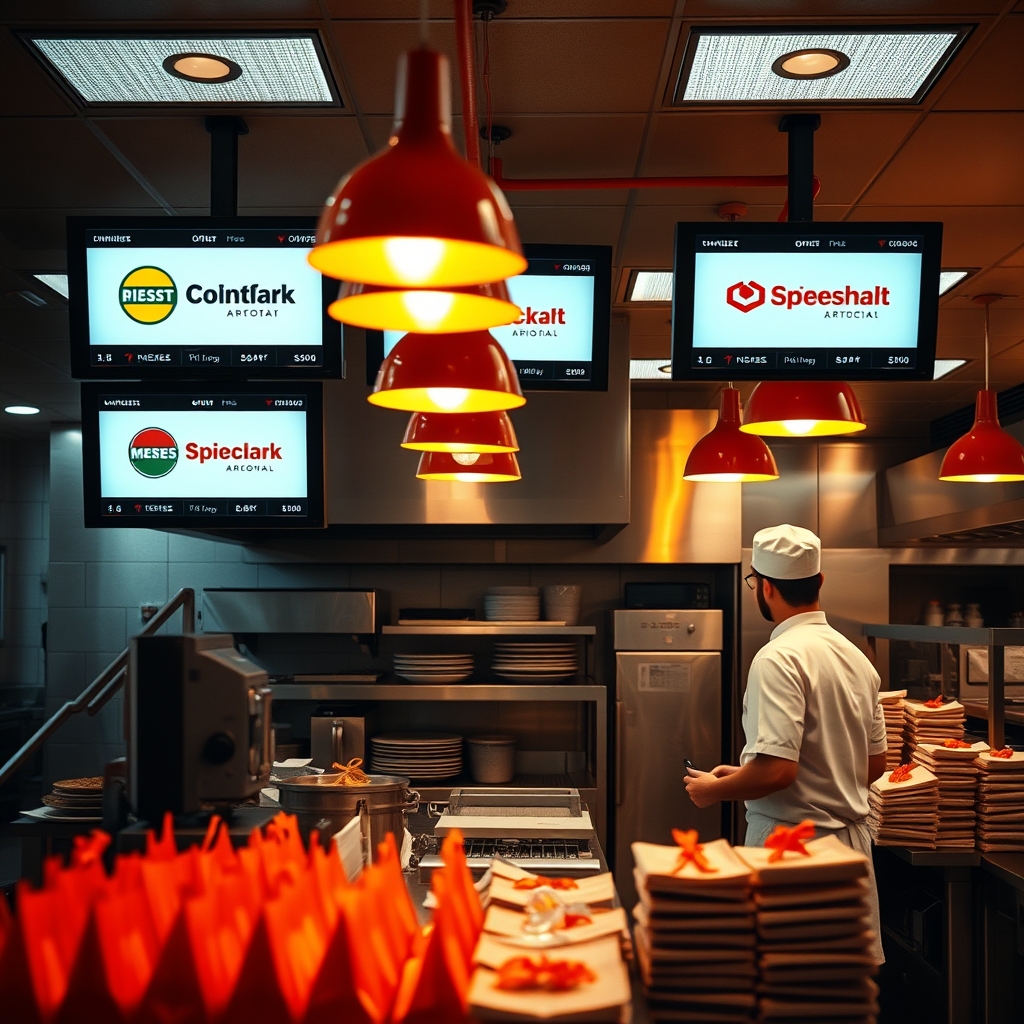 Busy commercial ghost kitchen packing station with three colored takeout bag stations labeled by brand, cooks handing off order tickets under multiple KDS screens showing incoming orders.