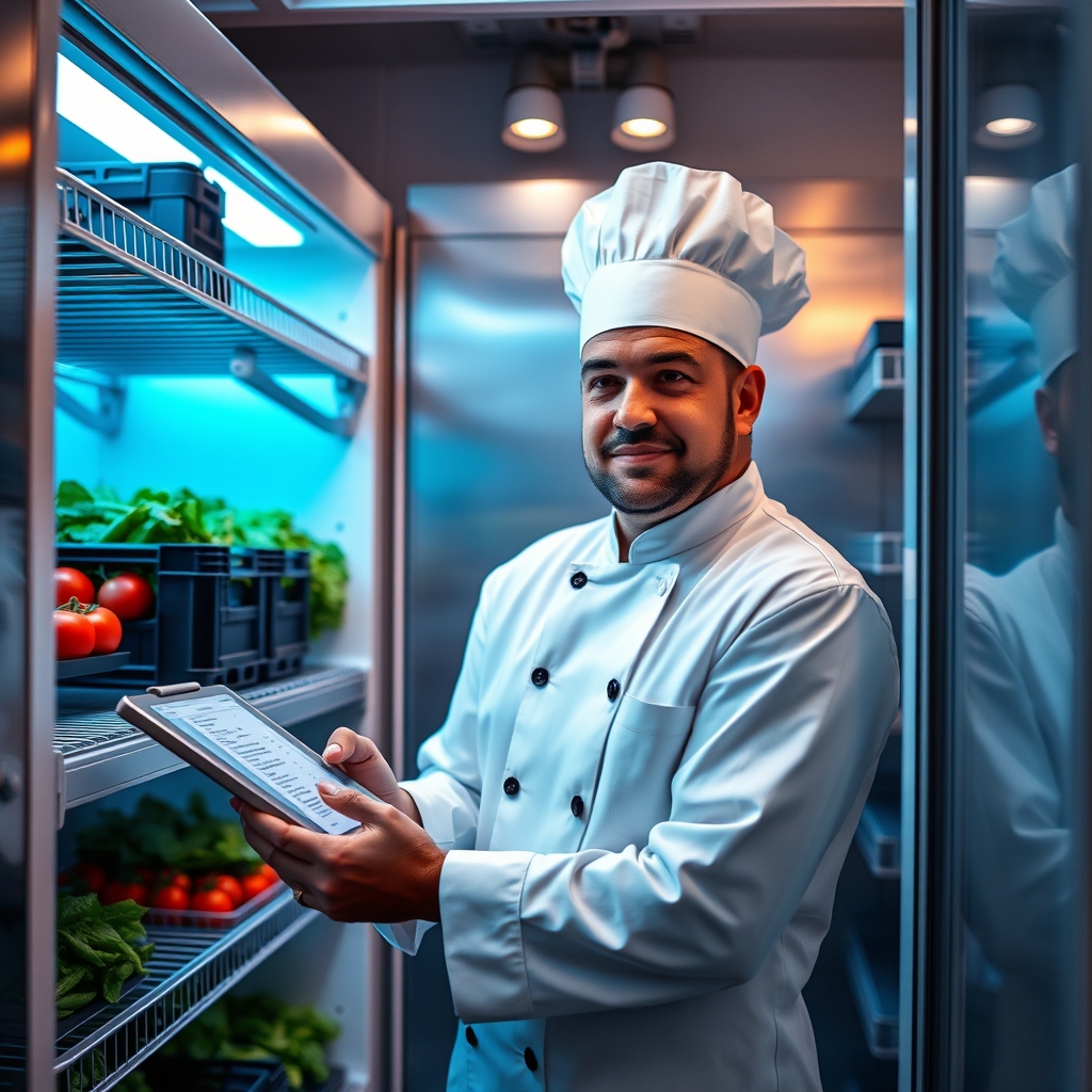Prep cook in white chef coat scanning inventory on a rugged tablet inside an organized walk-in cooler stocked with fresh produce, warm industrial pendant lighting.
