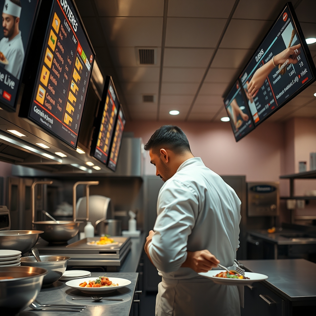 Digital kitchen display screens above cooking stations showing live orders, chef in white uniform focused on plating, warm cinematic lighting.