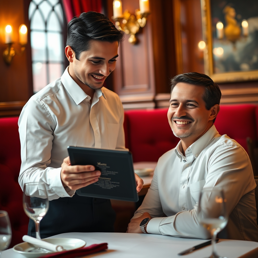 Diverse group of restaurant guests at a warm wooden table each viewing the digital menu on their phone in their own language, ambient candlelit interior.