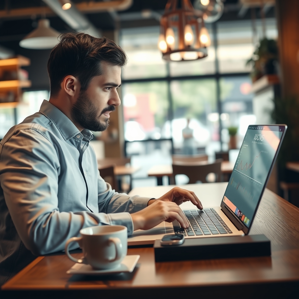 Restaurant owner reviewing analytics dashboard on laptop at wood counter in warm-lit modern restaurant, focused expression.