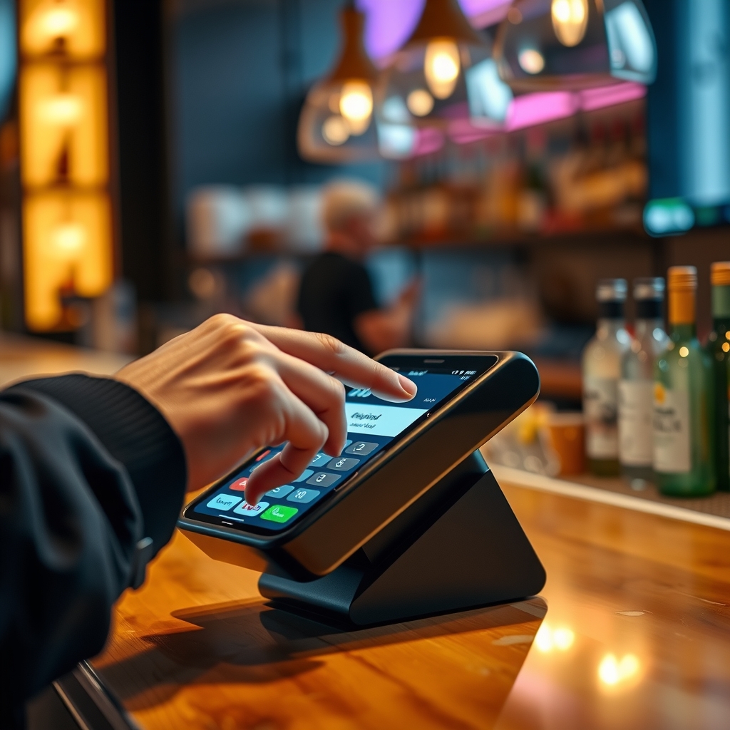 Close-up of hands tapping a modern payment terminal at a restaurant counter, terminal showing successful payment, warm gold accent lighting.