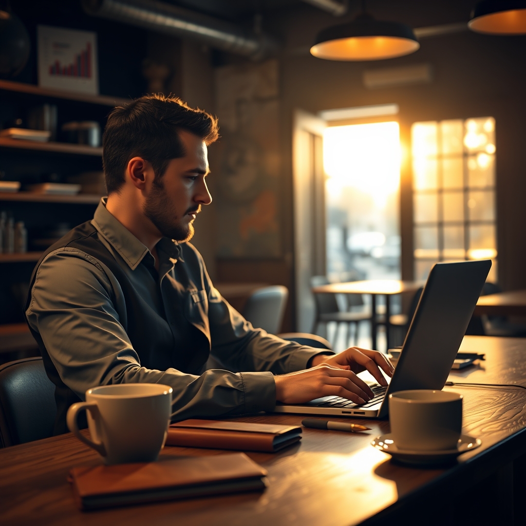 Restaurant owner in a warm daylit dining room reviewing a tablet dashboard with clean sales forecasts and ingredient demand curves, warm wood and brass interior.