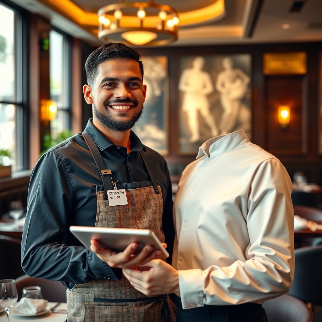 Warm inviting restaurant host stand with digital reservation tablet, welcoming host smiling professionally, elegant dining room behind.