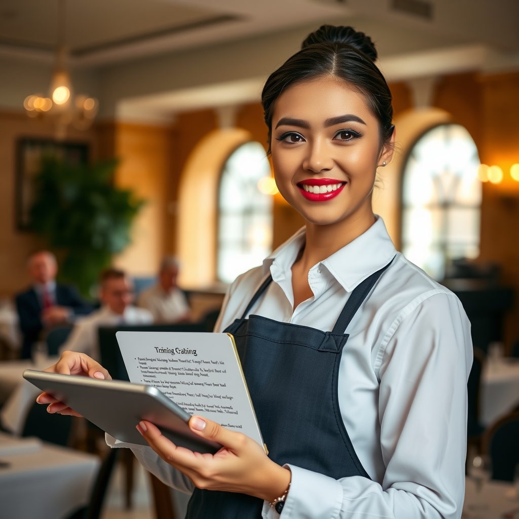 Confident server holding a tablet with training content, professional dining room background, warm natural lighting.