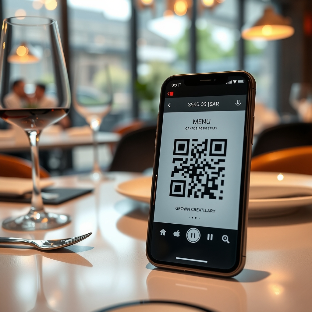 Elegant modern restaurant table setting with a smartphone showing a menu QR code scan interface, wine glass and plate visible, warm ambient lighting.